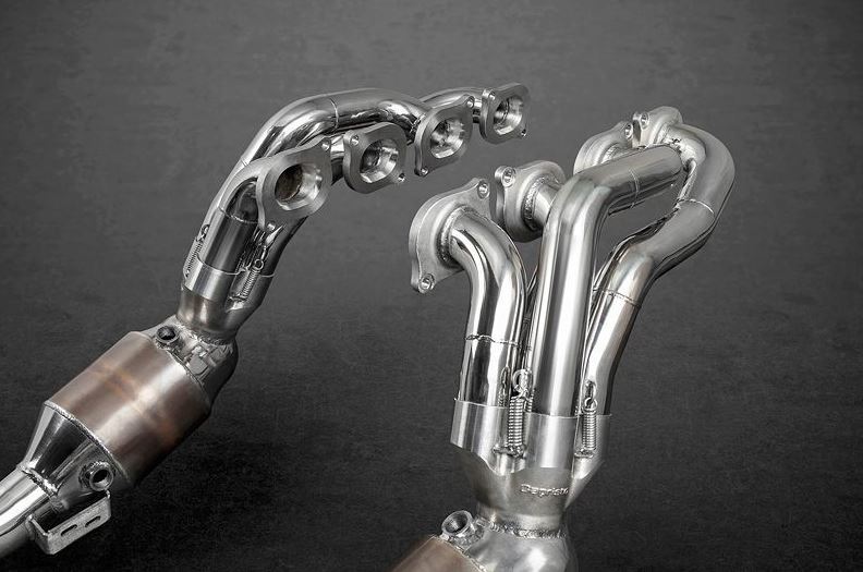 MERCEDES C63 6,3 V8 AMG (W/S/C 204 since 2007) Fächerkrümmer (R/L) mit 2x Sportkat 250zeller (R/L) und Nachkatersatzrohre.