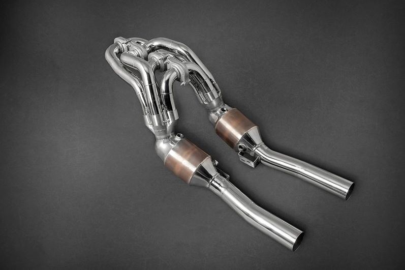 MERCEDES C63 6,3 V8 AMG (W/S/C 204 since 2007) auch passend für Black Series Fächerkrümmer (R/L) mit 2x Sportkatalysatoren 250-Zeller (R/L) und Nachkatersatzrohre